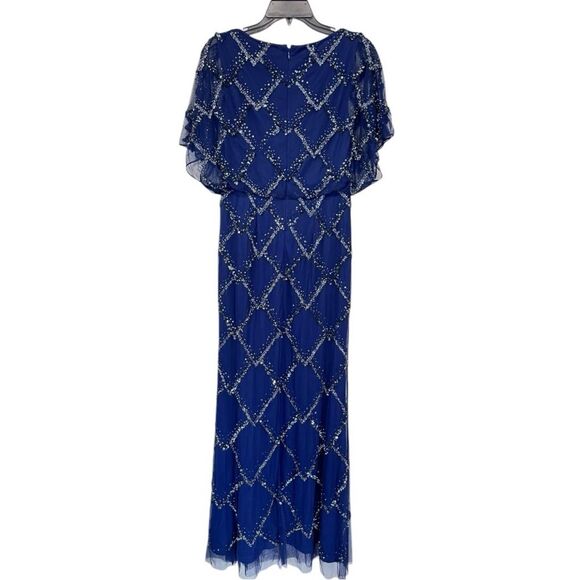 NWT Adrianna Papell | Hand Beaded Blouson Long Gown Flutter Sleeves Navy Blue 2 - Picture 4 of 8